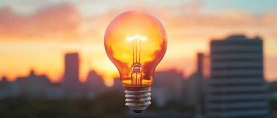 Urban Sunset Innovation Glowing Light Bulb Symbolizes Sustainable Energy Solutions - Vibrant Skyline for Modern Green Advertising in Eco-Tech Industries
