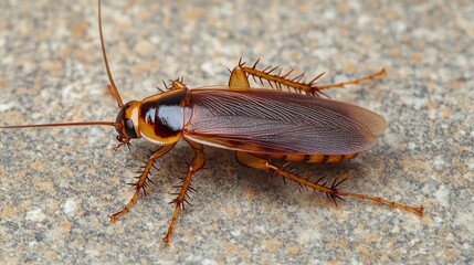 A close-up reveals the intricate details of a cockroach on a stone surface, highlighting its texture and presence, appealing to lovers of nature's small wonders.