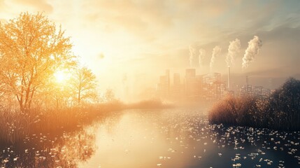 Obraz premium A city skyline is reflected in the water of a river