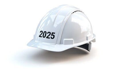Fototapeta premium A white hard hat sits on a white background. The text 