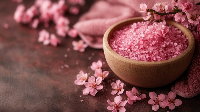 spring sale, discounts, background Valentine's Day spa salon flyer design featuring pink salt and blossoms with space for special offers?  template, empty, for text, place, copyspace, copy space	