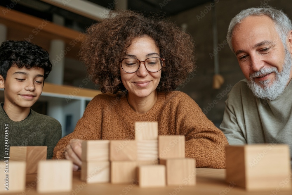 Aufkleber Collaborative Workspace Dynamics Diverse Team Solving Wooden Block Puzzle for Cognitive Enhancement in Modern Tech Environment - Inspiring Creative Problem Solving and Team Building