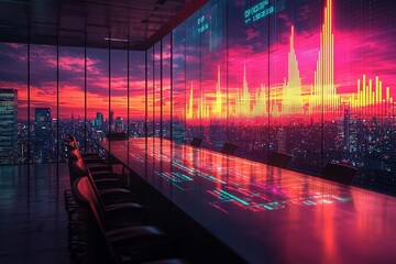 Glowing Holographic Financial Dashboard in Futuristic Boardroom Overlooking Neon Lit Cityscape