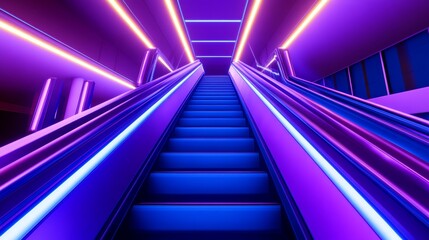 Vibrant neon-lit escalator ascending in a modern architectural space with dynamic lighting effects