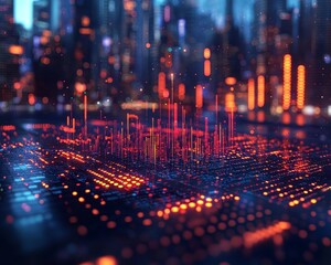 Fototapeta premium Futuristic City with Floating Holographic Graphs Showcasing Increasing Profits and Innovation Driving Business Success