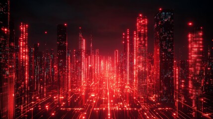 A cityscape with red illuminated skyscrapers and an artificial night sky presents a futuristic urban aesthetic, symbolizing technological advancement and ambition.