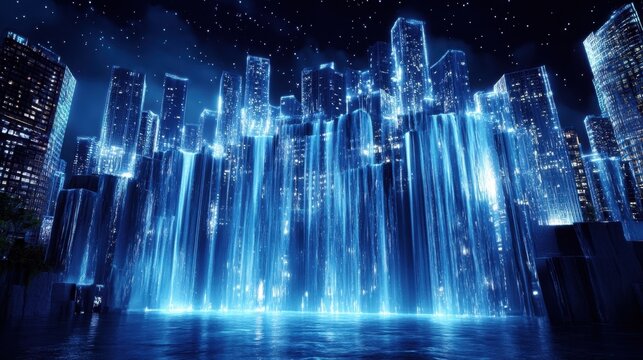 A cascading waterfall of interest rates flows upon a cityscape each drop affecting the financial landscape as it shapes the trajectory of loans and growth.