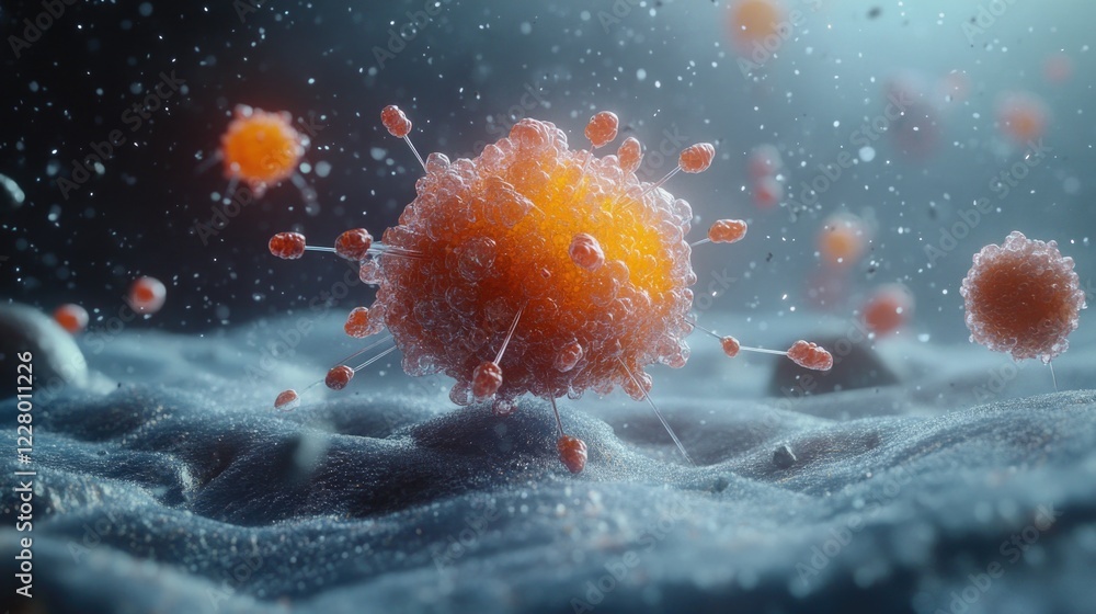 Poster a close-up image of virus particles invading a cell, represented in a microscopic view.