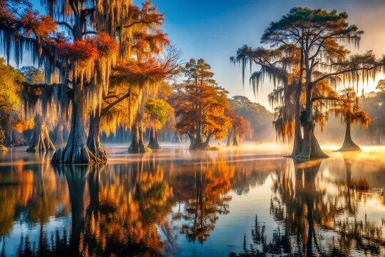Majestic Cypress Trees on Caddo Lake, Texas, Winter Morning Drone Photography