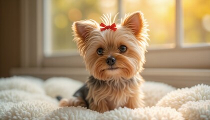A perfectly groomed Yorkshire Terrier with a silky coat and a small red bow on its head, sitting on a soft white cushion, bright natural lighting, clean and elegant composition