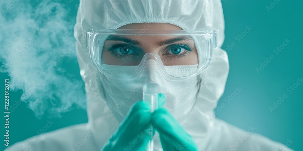 Aufkleber hyper-realistic science imagery lab assistant in protective gear with test tubes and analytical inst