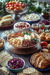 A variety of fresh, vibrant Mediterranean dishes displayed in bowls on a table for a meal spread.