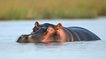 Fototapeta premium Close-up of hippopotamus in calm water. Suitable for wildlife photography, animal conservation and nature documentaries.