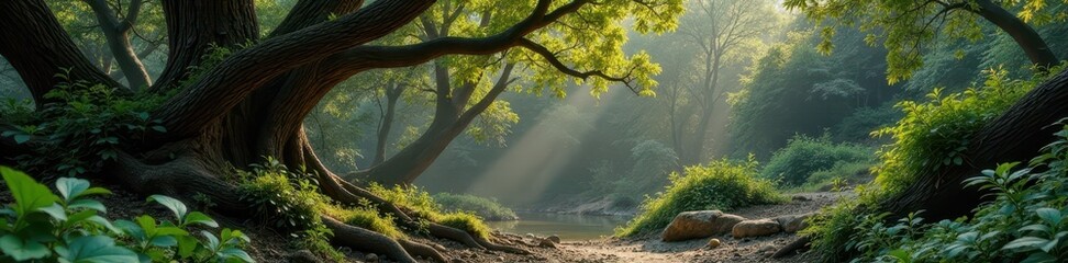 Fototapeta premium Dense foliage with twisted tree branches against a rugged, earthy texture background, outdoors, forest