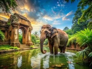 Majestic Elephant Bathing in Tranquil Pond - Architectural Photography