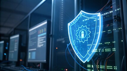 This image depicts a server room or data center with a prominent digital shield overlay. 