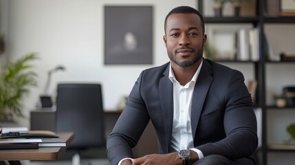 Fototapeta premium A confident man sits in a modern office environment, wearing a sharp suit, exuding professionalism and readiness, surrounded by shelves and a desktop workspace.