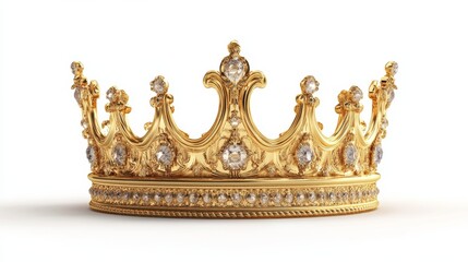 This image displays an exquisite, gold crown adorned with brilliant diamonds, symbolizing wealth and royalty, set against a pristine white background that highlights its elegance.