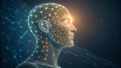 This image depicts a digital, wireframe representation of a human head and part of the upper body,