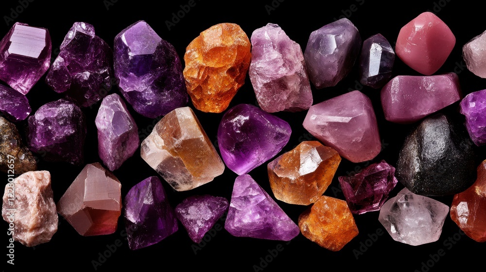 Poster a captivating array of colorful crystals and minerals are displayed against a dark background, showc