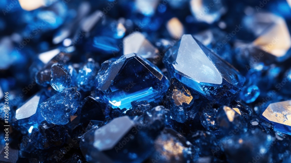 Poster a captivating close-up shot showcases a cluster of deep blue crystals, varying in size and shape, wi