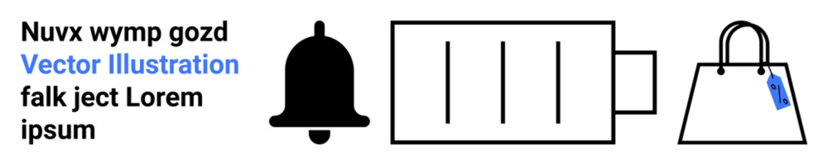 Notification bell, battery icon showing charge level, and shopping bag with price tag. Ideal for alerts, energy, e-commerce, communication, shopping apps, mobile devices and flat landing page banner