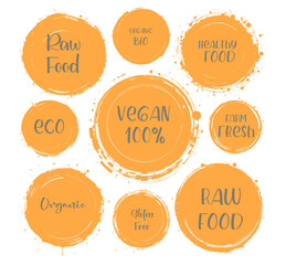 Vector orange organic labels, bio emblems collection for menu or natural products packaging. Fresh vegan raw food eco friendly premium quality locally grown healthy food stickers on white.