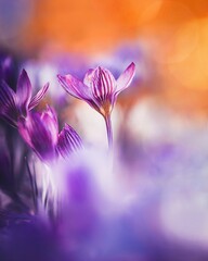 Macro of a dreamy purple striped crocus against a vibrant orange background. A focus stacked photo of early Spring flowers