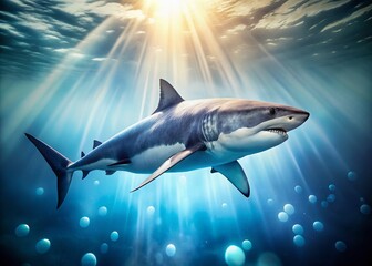 Fototapeta premium Majestic Great White Shark Isolated on White, Bokeh Background Stock Photo