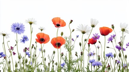 Obraz premium Vector white background with flowers chamomile, cornflowers and red poppy. Can be placed on the packaging