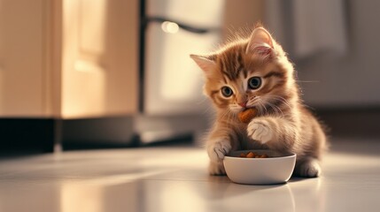 Playful kitten enjoying dry food from a small bowl in a cozy kitchen setting with soft lighting