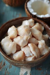 Fototapeta premium A bowl of fresh cod fish chunks, ready for cooking. A versatile foodstuff that can be incorporated into various culinary dishes.