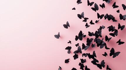 Black butterflies scattered on a soft pink background, symbolizing elegance, transformation, and freedom with space for text or creative designs