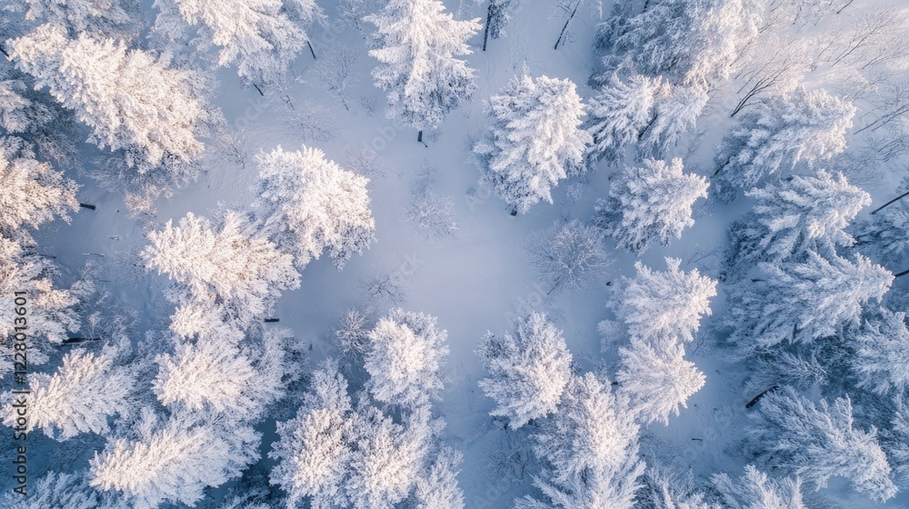 Poster a snowy forest with trees covered in snow. the trees are tall and spread out, creating a sense of de