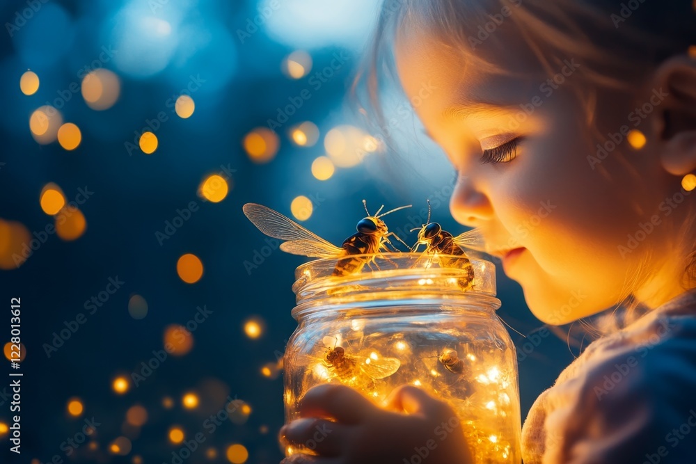 Poster a child observing fireflies in a jar during twilight, their face lit by the tiny glowing insects