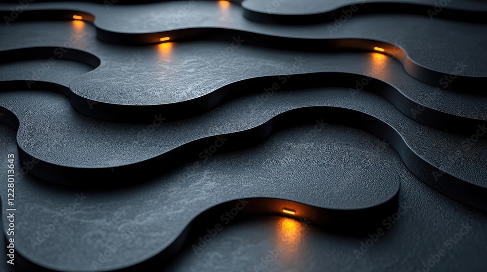 Poster abstract design with illuminated curves on a dark surface.