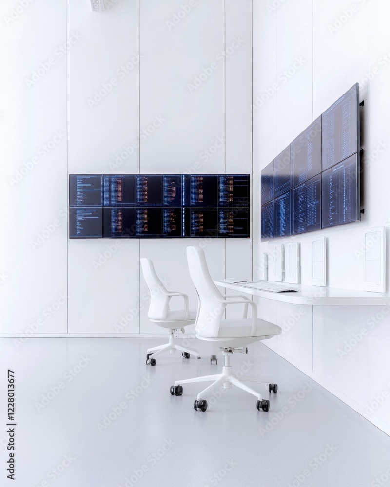 Fototapete Sleek Tech Control Room Modern Data Monitoring in White Minimalist Space with Interactive Video Wall - Business Innovation and Real-Time Decision Support for Meteorology