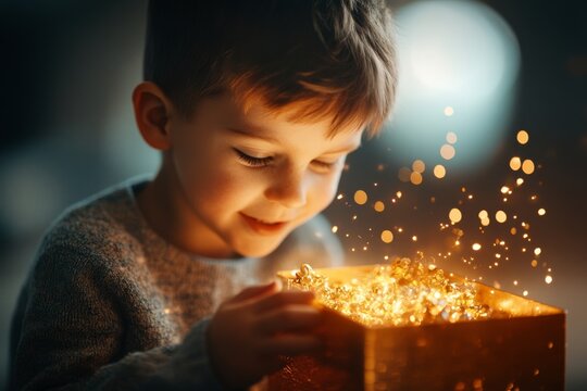 A child opening a treasure chest filled with glittering gold and jewels, their face lit with wonder