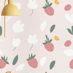 Seamless pattern with strawberry and cute flower on pink background.