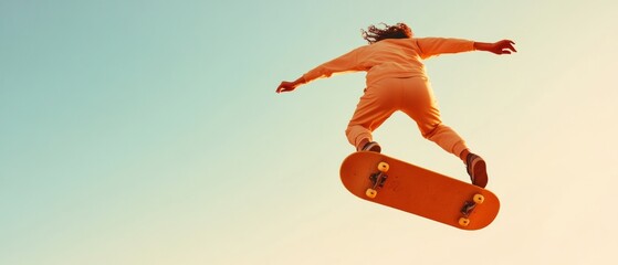 Dynamic Skateboarding Adventure Female Athlete Mid-Trick Against Desert Sunset - Innovative Athletic Apparel Branding and Action Sports Marketing Imagery
