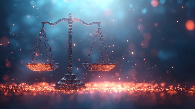 A set of glowing bronze scales shines in a sparkling, animated atmosphere, representing equilibrium and luminescence in a philosophy-rich context.