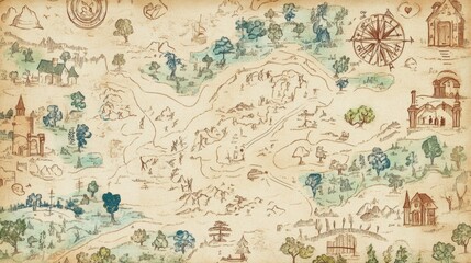 A whimsical, hand-drawn map of a forest with a winding river, houses, and a compass rose.