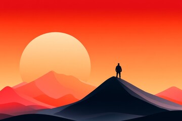 A clean geometric illustration of a mountain peak with a single figure at the top, symbolizing greatly achieved success