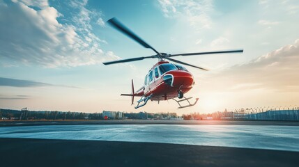 A red helicopter is flying over a runway