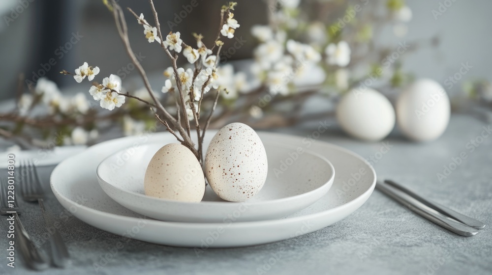 Poster a table with a white plate and two eggs on it. the table setting is elegant and sophisticated