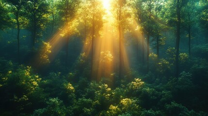 Sunlight filtering through trees enchanted forest nature scene lush environment serene viewpoint