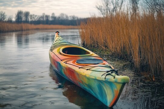 A colorful canoe on a calm river, surrounded by marsh vegetation and autumn foliage. The serene setting is ideal for outdoor recreation and wildlife observation. - Powered by Adobe
