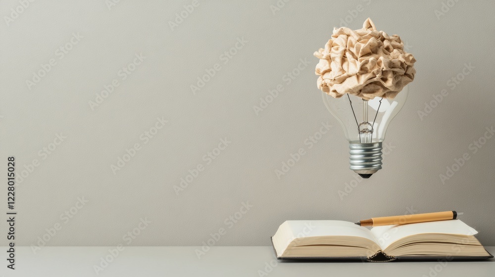 Leinwandbilder modern ideation display floating origami light bulb above open book with pen on minimalist surface -