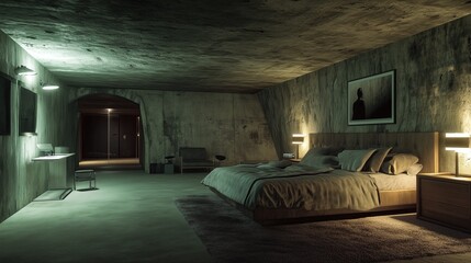 Fototapeta premium Modern luxury bedroom interior in an underground bunker