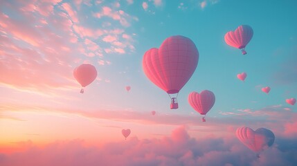 Fototapeta premium Heart Shaped Hot Air Balloons Float in Colorful Sunset Sky With Pink and Blue Clouds.
